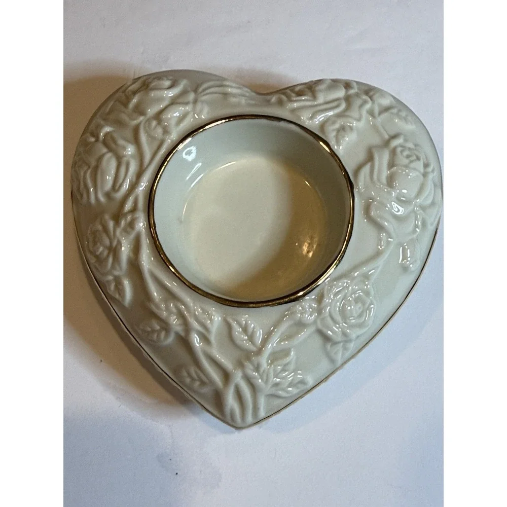 Lenox Heart Votive Tea Light Candle Holder Ivory Gold Trim Roses Floral 4